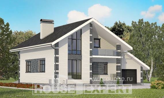 180-001-П Проект двухэтажного дома с мансардой, гараж, бюджетный коттедж из газобетона Геленджик, House Expert